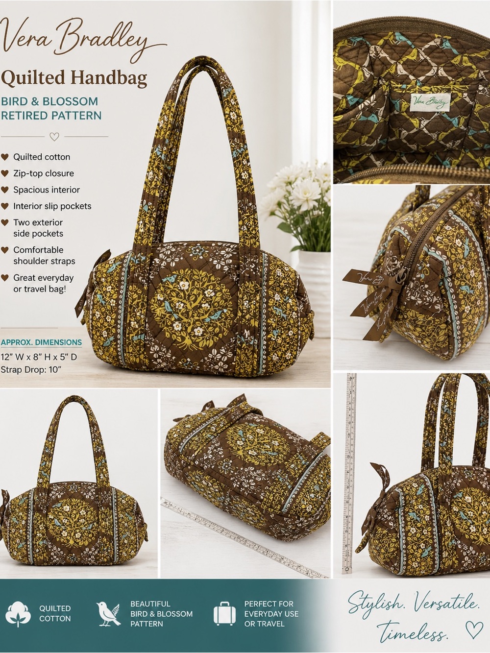 Vera Bradley Quilted Shoulder Bag in Brown, Yellow & Blue Floral